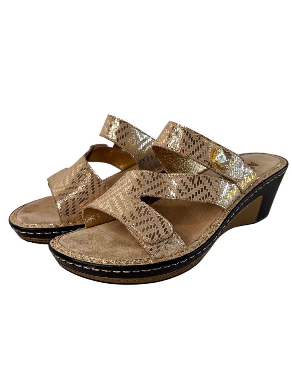 Alegria Loti Sandal Gold Dazzler 529 Open Toe Hook Loop Strap Wedge 38/ US 8-8.5